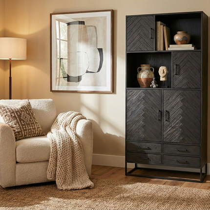 Visgraat vakkenkast zwart mangohout 200cm Paris