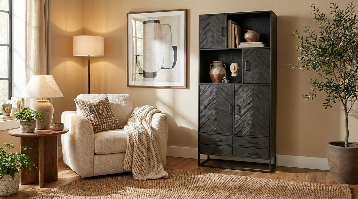 Visgraat vakkenkast zwart mangohout 200cm Paris