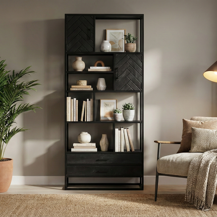 Visgraat vakkenkast zwart mangohout 200cm Rio