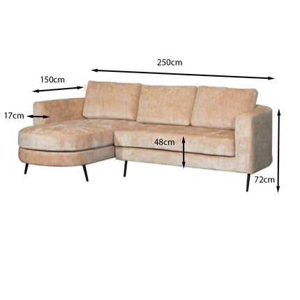 Hoekbank rond design Nox 250cm bank met ronding taupe chenille bankstel links loungebank