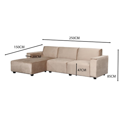 Hoekbank design Riley 270cm bank champagne velvet loungebank links