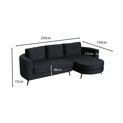 Hoekbank rond design Nox 250cm bank met ronding zwart velvet bankstel rechts loungebank