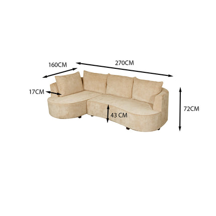 Hoekbank rond Lando 270cm bank met ronding beige chenille bankstel links loungebank