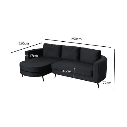 Hoekbank rond design Nox 250cm bank met ronding zwart velvet bankstel links loungebank