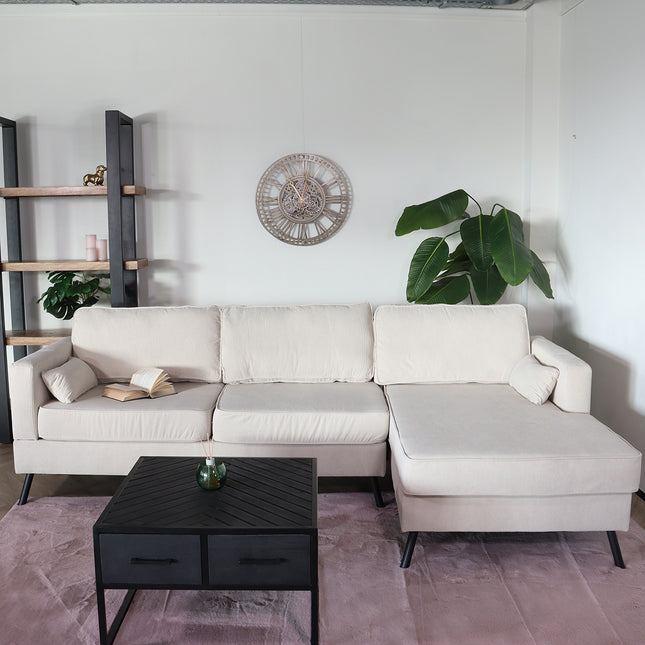 Hoekbank design Lizza 269cm bank beige ribstof loungebank zowel links als rechts bankstel