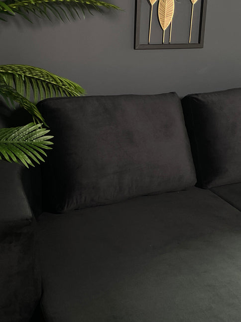 Hoekbank rond design Nox 250cm bank met ronding zwart velvet bankstel links loungebank