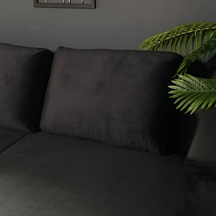 Hoekbank rond design Nox 250cm bank met ronding zwart velvet bankstel rechts loungebank