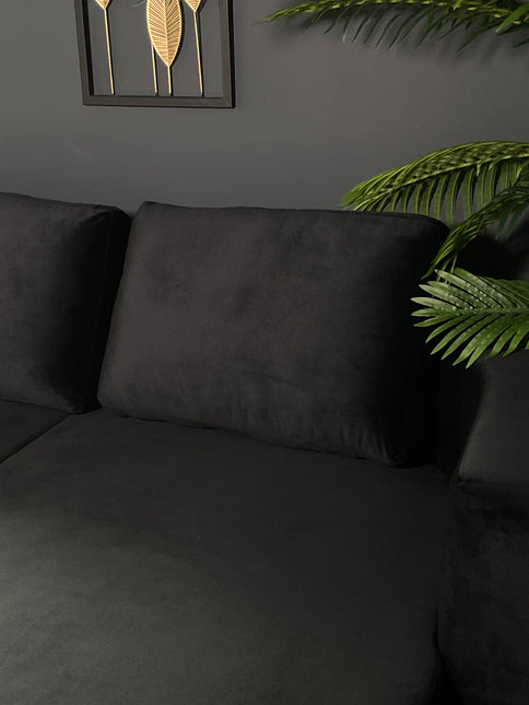 Hoekbank rond design Nox 250cm bank met ronding zwart velvet bankstel rechts loungebank