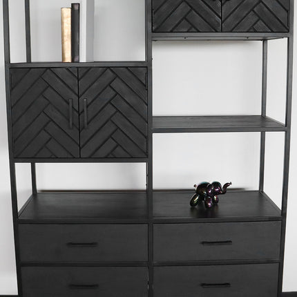 Kast industrieel mangohout Ivy zwart mango hout visgraat wandkast 190cm vakkenkast mango duurzaam