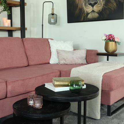 Hoekbank design Darsiono 280cm bank roze velvet loungebank zowel links als rechts bankstel