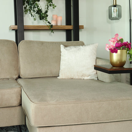 Hoekbank design Lizza 269cm bank taupe velvet loungebank zowel links als rechts bankstel