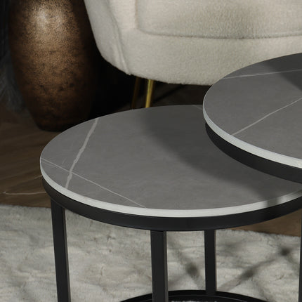 Salontafel rond 2delig marmerlook Lotte grijs side table steen bijzettafel