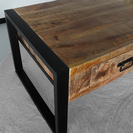 Salontafel industrieel mangohout Kai 120cm side table met 2 lades duurzaam massief hout mango bijzettafel