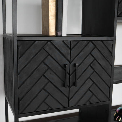 Kast industrieel mangohout Ivy zwart mango hout visgraat wandkast 190cm vakkenkast mango duurzaam