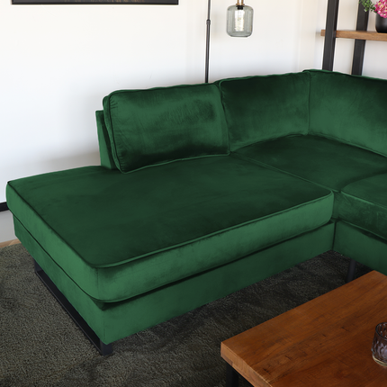 Hoekbank design Puckerto 290cm bank velvet donkergroen hoek loungebank links bankstel