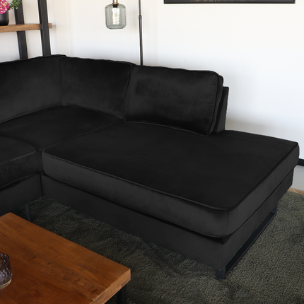 Hoekbank design Puckerto 290cm bank velvet zwart hoek loungebank rechts bankstel