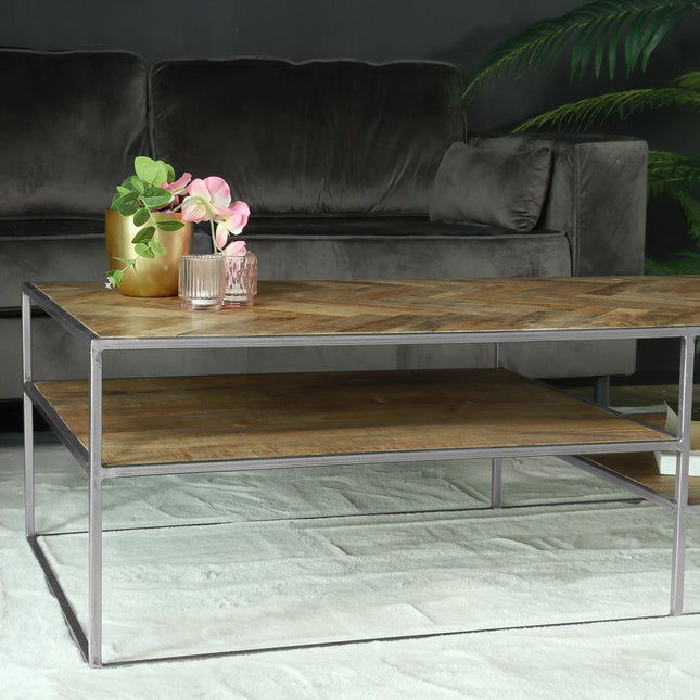 Salontafel industrieel mangohout Sofia 140cm lichtbruin visgraat side table massief hout mango bijzettafel