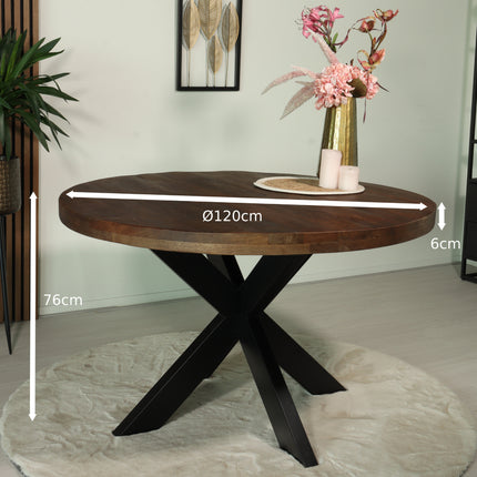 Eettafel rond mangohout 120cm Jones walnoot bruin ronde industriële tafel duurzaam mango eetkamertafel