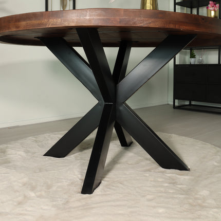 Eettafel rond mangohout 130cm Jones walnoot bruin ronde industriële tafel duurzaam mango eetkamertafel