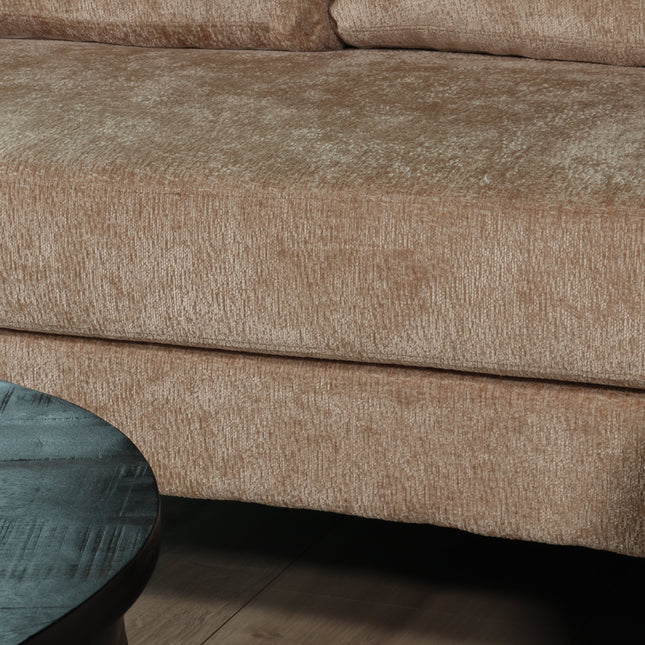 Hoekbank rond design Nox 250cm bank met ronding taupe chenille bankstel rechts loungebank