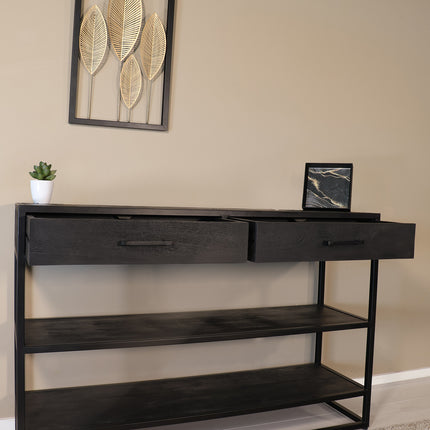 Bijzettafel visgraat 120cm mangohout zwart Livia