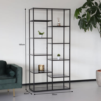 Boekenkast industrieel Gina metalen wandmeubel zwart 90x185cm