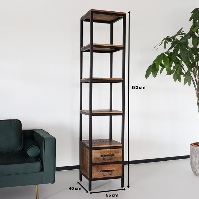 Boekenkast mangohout Jaell kast industrieel 183cm duurzaam massief hout mango wandkast