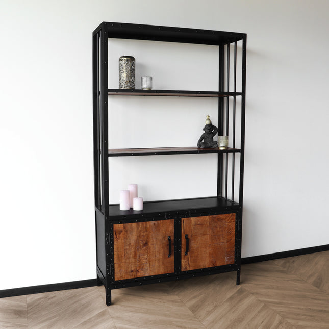 Boekenkast mangohout Blizy kast industrieel 180x100cm massief hout mango wandkast