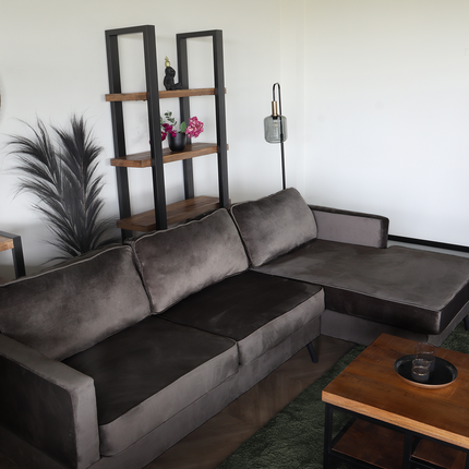 Hoekbank design Lizza 269cm bank donkergrijs velvet loungebank zowel links als rechts bankstel