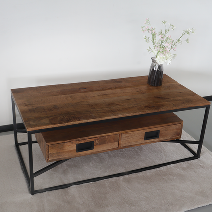 Salontafel industrieel mangohout Jef 125cm side table met 2 lades duurzaam massief hout mango bijzettafel