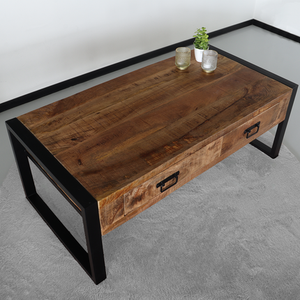 Salontafel industrieel mangohout Kai 120cm side table met 2 lades duurzaam massief hout mango bijzettafel