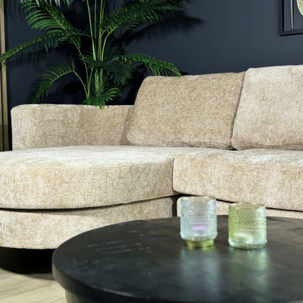 Hoekbank rond design Nox 250cm bank met ronding beige chenille bankstel links loungebank