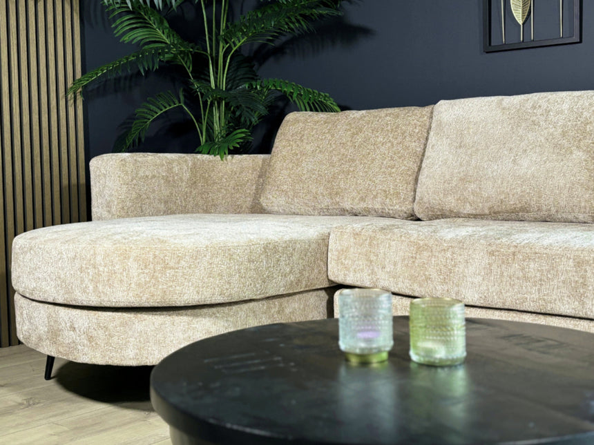 Hoekbank rond design Nox 250cm bank met ronding beige chenille bankstel links loungebank