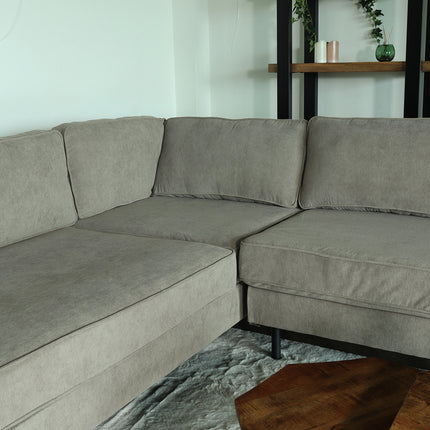 Hoekbank design Puckerto 290cm bank taupe ribstof hoek loungebank links bankstel