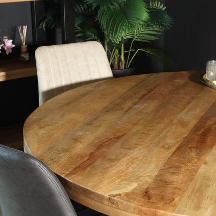 Eettafel rond mangohout 150cm Jones lichtbruin ronde industriële tafel duurzaam mango eetkamertafel