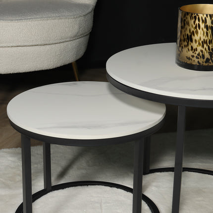 Salontafel rond 2delig marmerlook Lotte wit side table steen bijzettafel