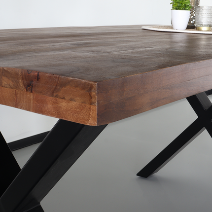 Eettafel rechthoek mangohout Xavier 160cm duurzaam tafel met X-poot mango eetkamertafel rechthoekig hout