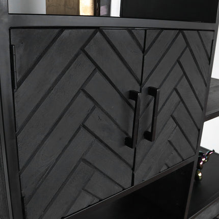 Kast industrieel mangohout Ivy zwart mango hout visgraat wandkast 190cm vakkenkast mango duurzaam