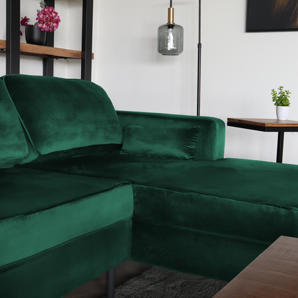 Hoekbank design Darsiono 280cm bank donkergroen velvet loungebank zowel links als rechts bankstel