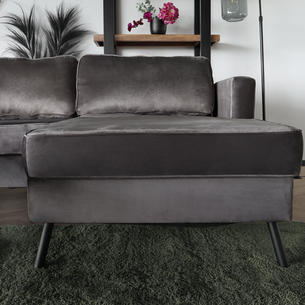 Hoekbank design Lizza 269cm bank donkergrijs velvet loungebank zowel links als rechts bankstel