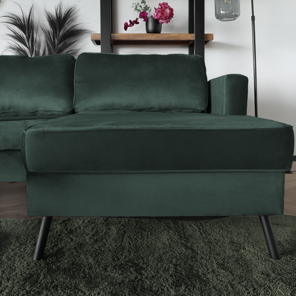 Hoekbank design Lizza 269cm bank donkergroen velvet loungebank zowel links als rechts bankstel