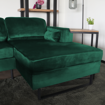 Hoekbank design Darsiono 280cm bank donkergroen velvet loungebank zowel links als rechts bankstel