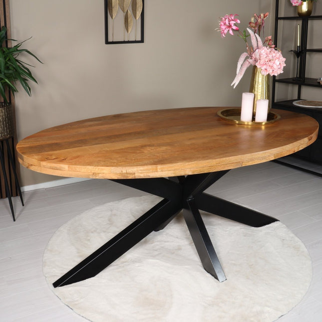 Eettafel ovaal mangohout 180cm James lichtbruin ovale industriële tafel duurzaam mango eetkamertafel