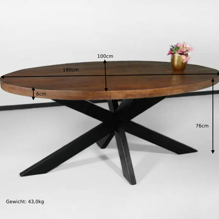 Eettafel ovaal mangohout 180cm James bruin ovale industriële tafel duurzaam mango eetkamertafel