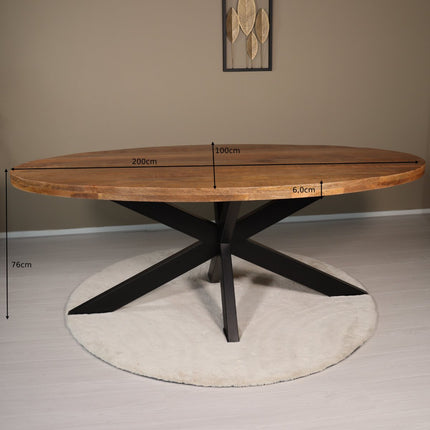 Eettafel ovaal mangohout 200cm James lichtbruin ovale industriële tafel duurzaam mango eetkamertafel