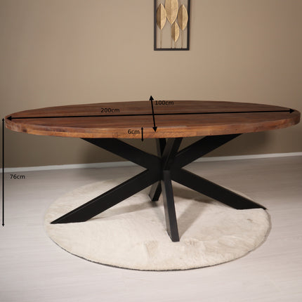 Eettafel ovaal mangohout 200cm James bruin ovale industriële tafel duurzaam mango eetkamertafel