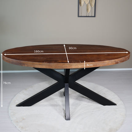 Eettafel ovaal mangohout 160cm James bruin ovale industriële tafel duurzaam mango eetkamertafel