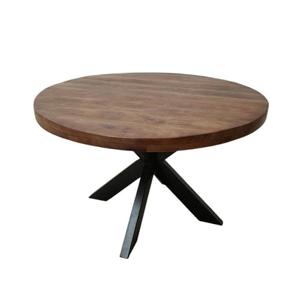 Eettafel rond mangohout 130cm Jones walnoot bruin ronde industriële tafel duurzaam mango eetkamertafel