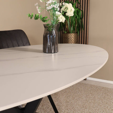 Eettafel marmerlook Figo ovaal 160cm wit steen