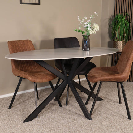 Eettafel marmerlook Figo ovaal 160cm wit steen